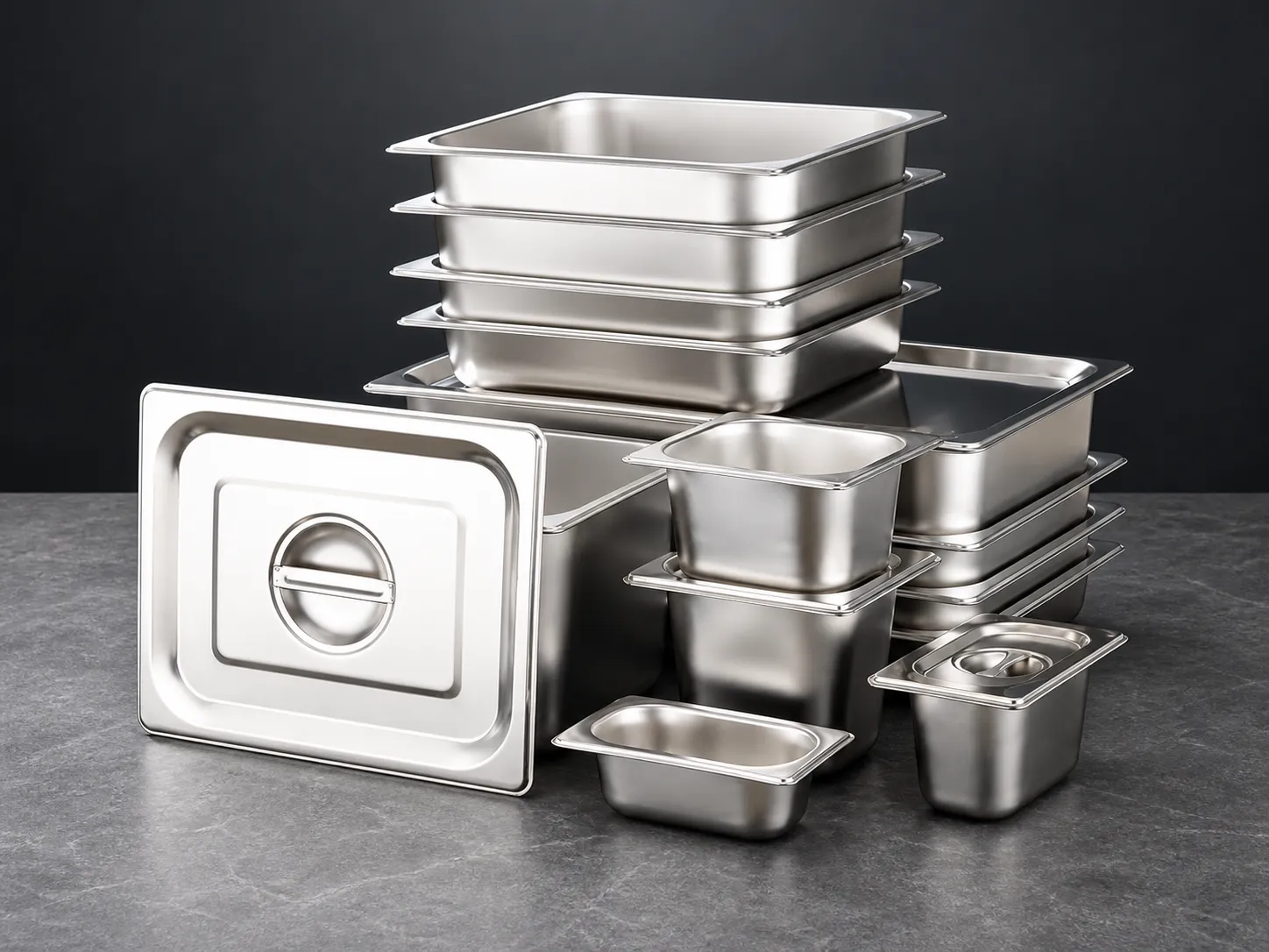American-style hotel pans with shallow pans nested above deep pans and matching lids