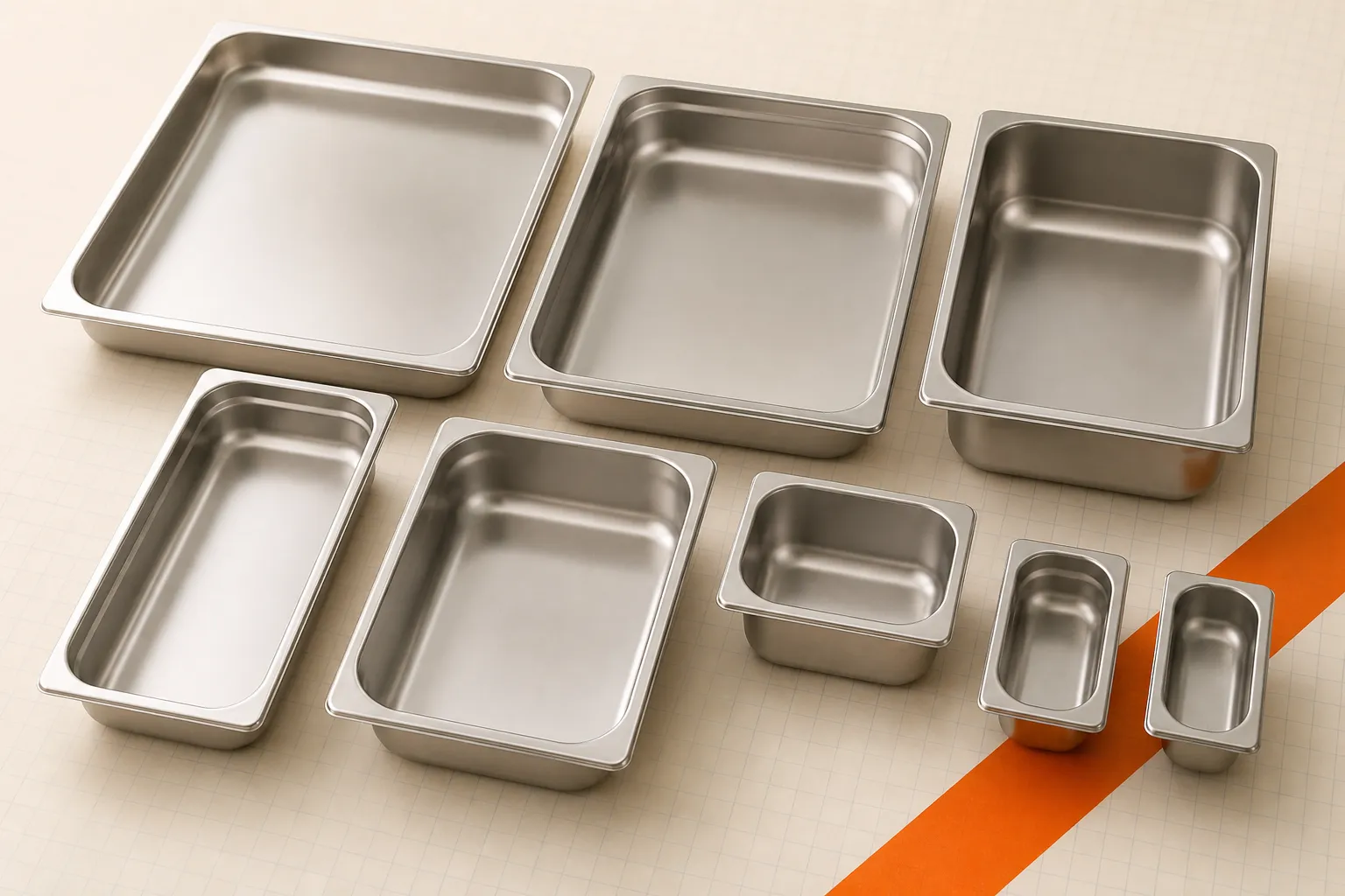 Gastronorm pans arranged by size and depth