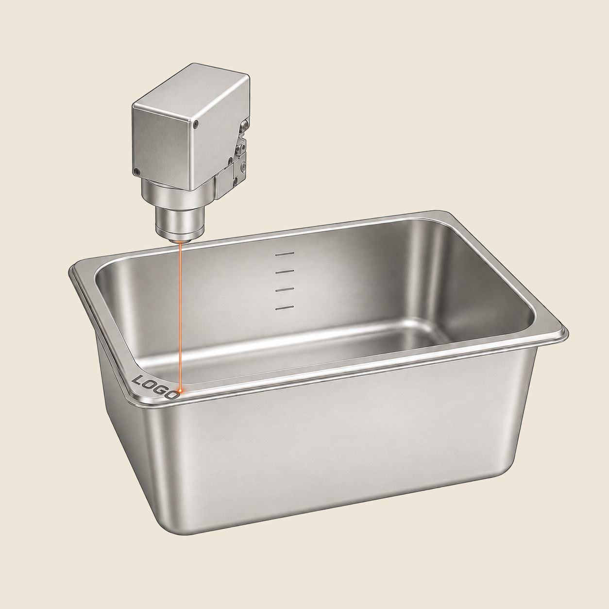Laser head aligned with a LOGO engraving on the front-left rim corner of a food pan, with capacity ticks inside.