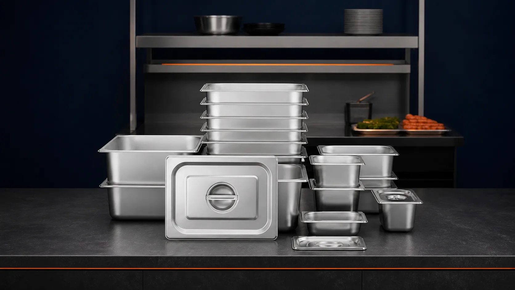 SEEKTAY stainless steel Gastronorm pans and hotel pans in a commercial kitchen