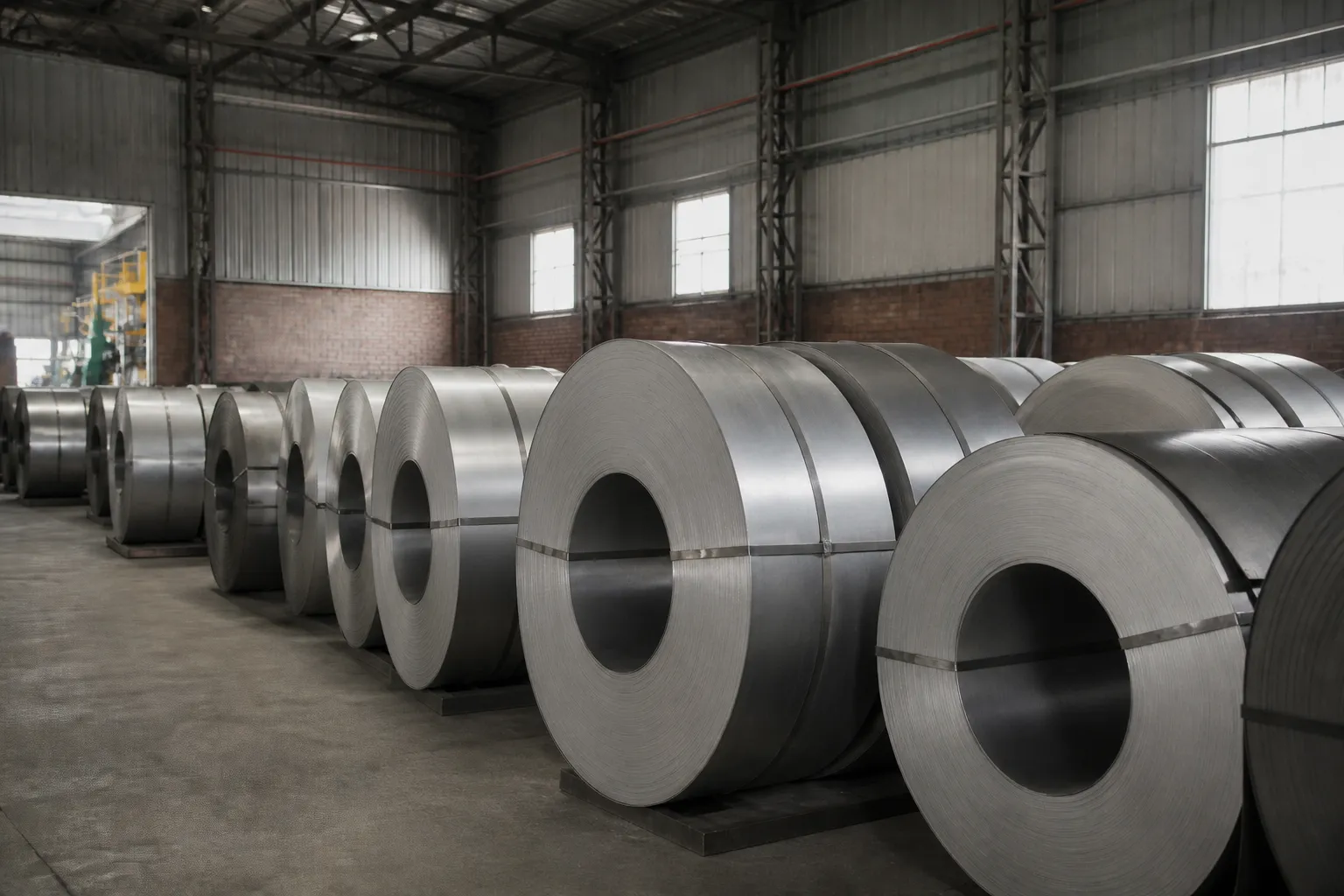 Stainless steel coils arranged in the material storage area