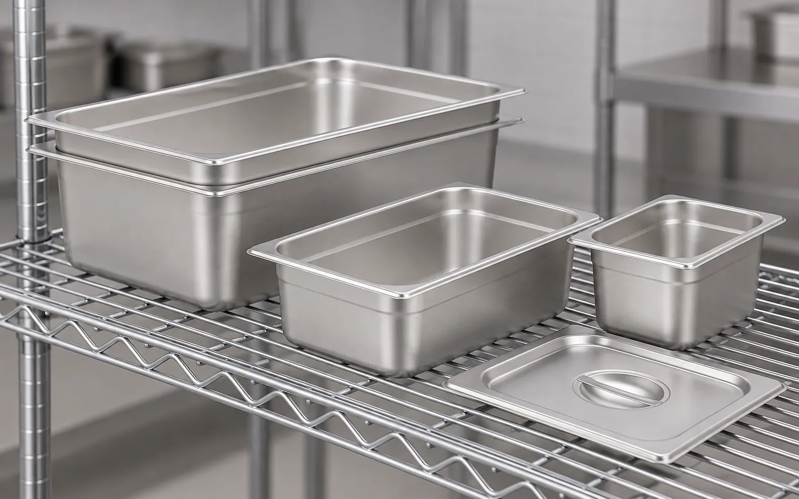 A stack of SEEKTAY stainless steel GN pans on a kitchen storage rack