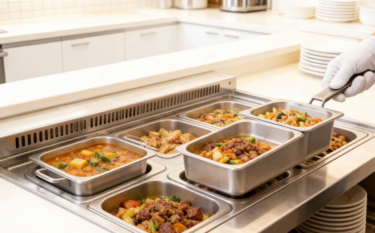 SEEKTAY hotel pans in a steam-table serving line