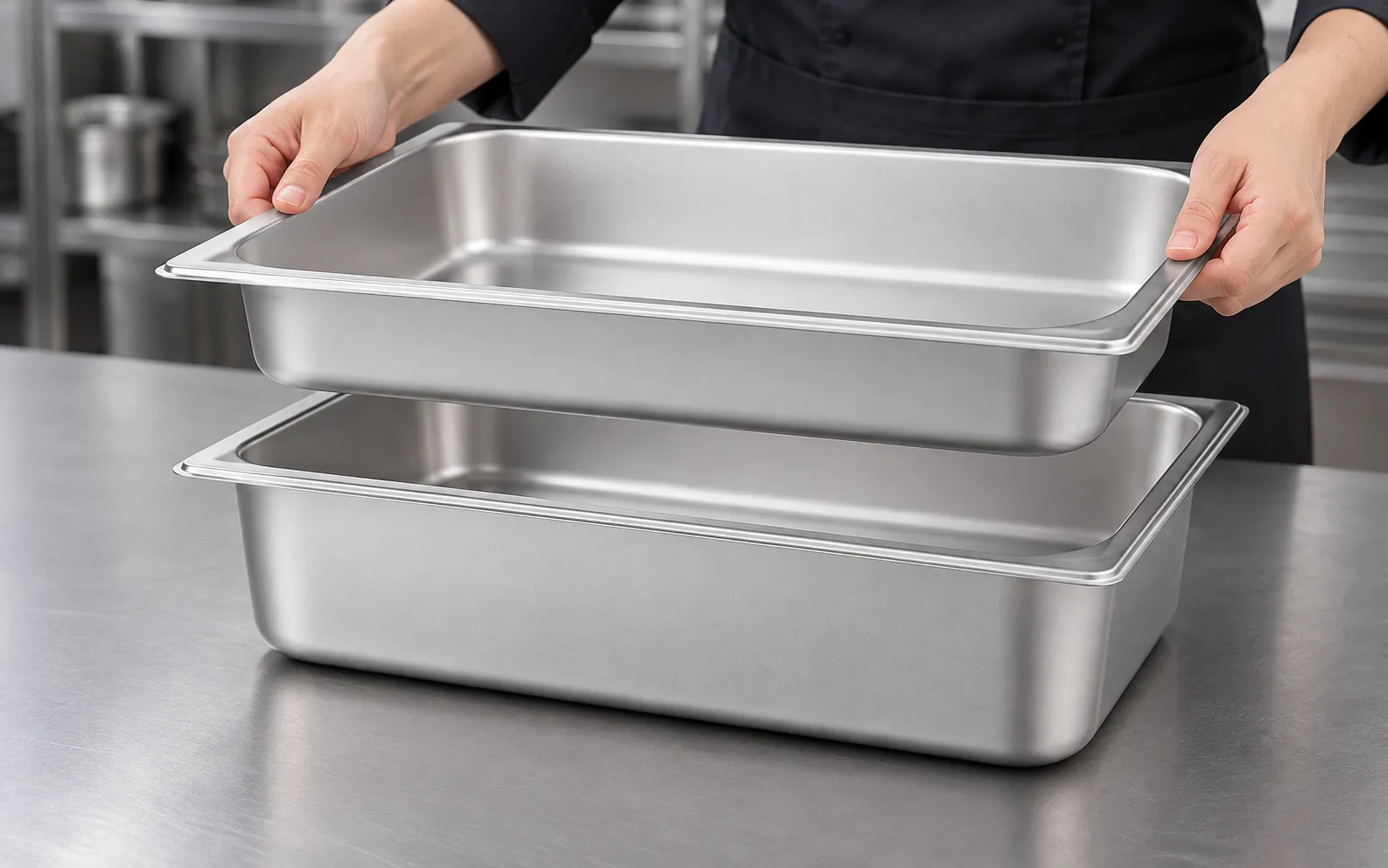 Hands lifting a SEEKTAY hotel pan by its rolled rim